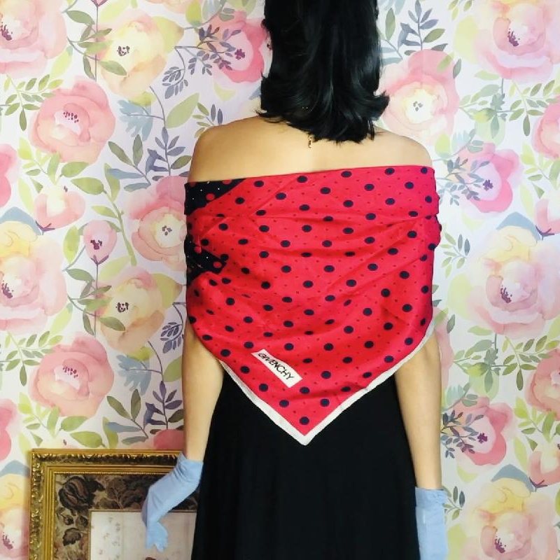 VIntage Givenchy Blue Red and White Trio-Colour Polka Dot Silk Scarf (MT1624)