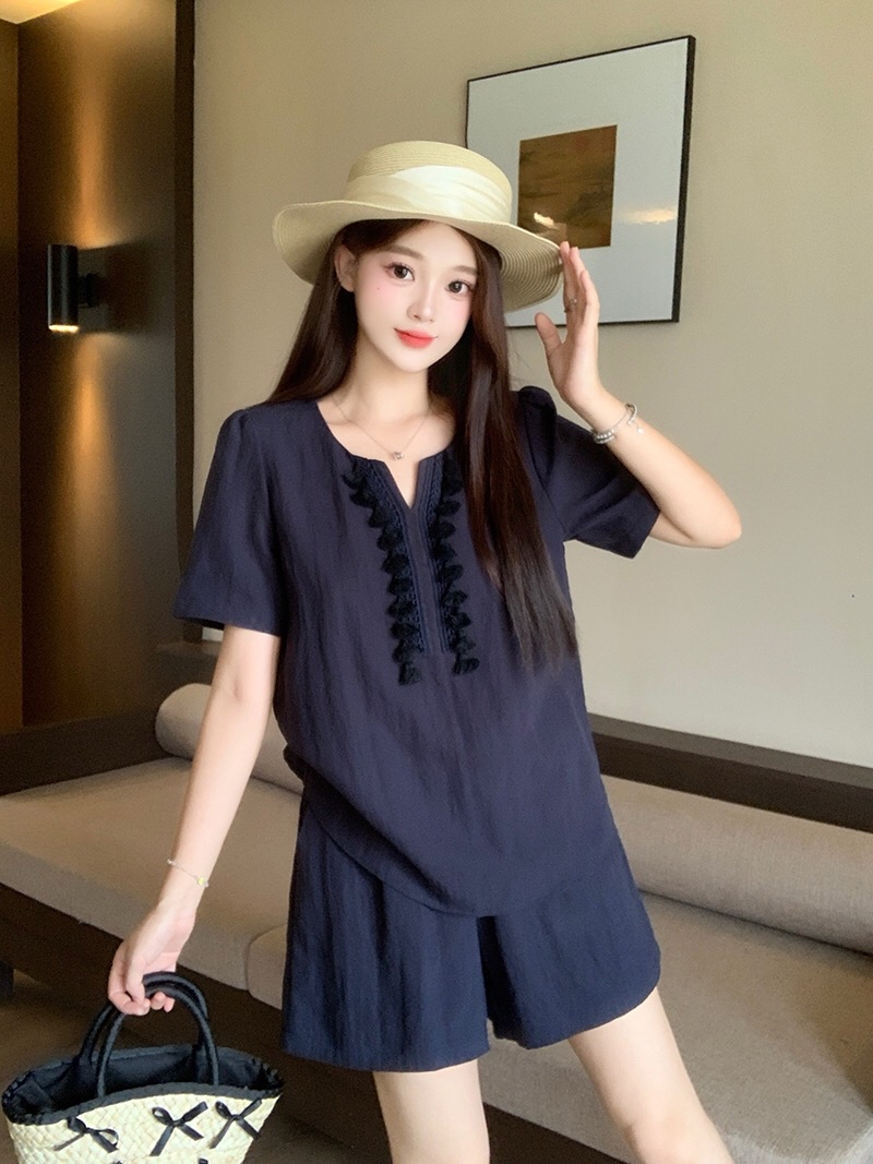 B16(35923) 韩系麻料圆小尖角领短流苏边设计感上衣与短裤蓝黄套装