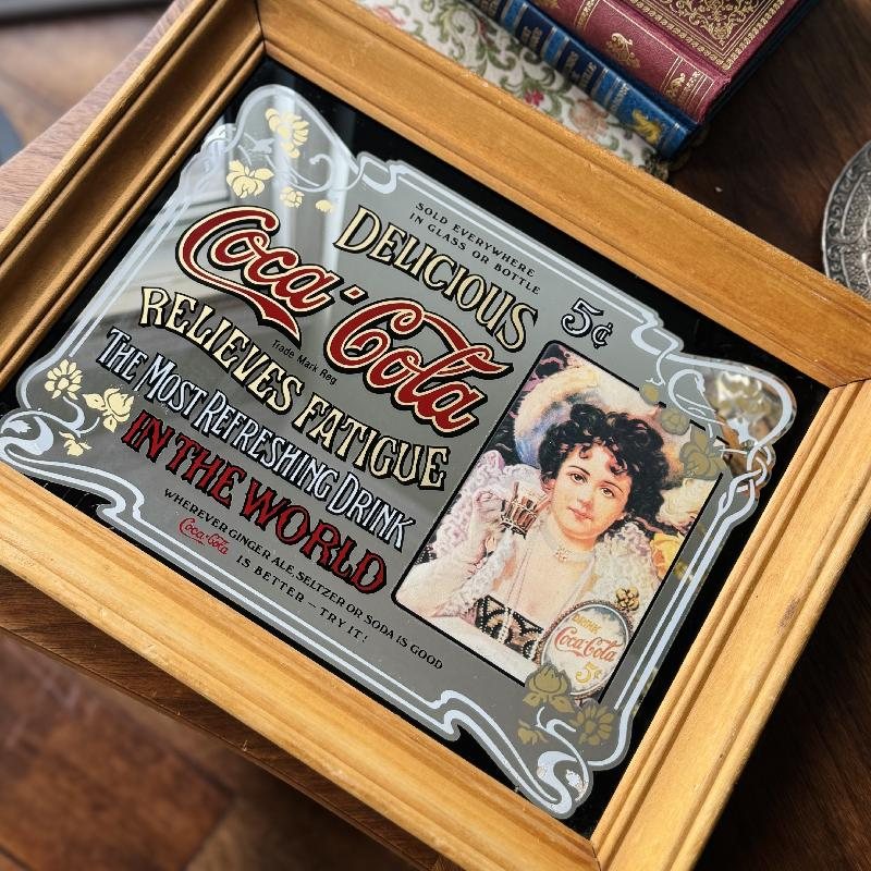Vintage C.a. 1970s Coca-Cola Mirror Sign Delicious 5 cent Relieves Fatigue Framed Advertisement (MT2205)