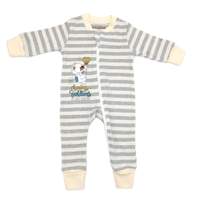Trendyvalley Organic Cotton Baby Zip One Piece Sleep Bag With Hand and Feet Covered (Grey Stripe Bear)
