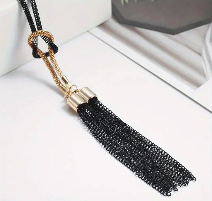 Elegant Long Tassel Necklace Gold and Black