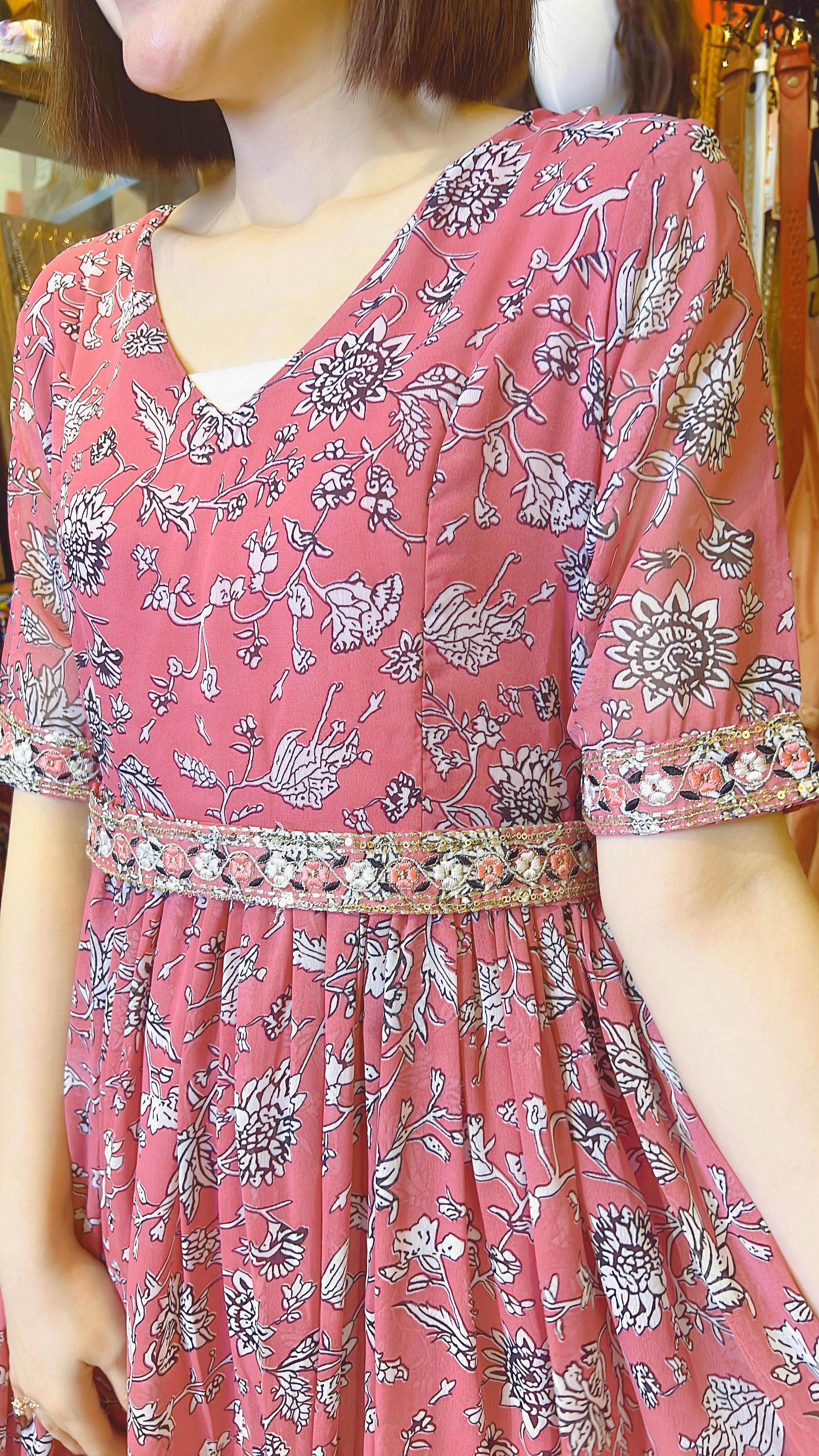 Red V-neck floral chiffon OP  #1011
