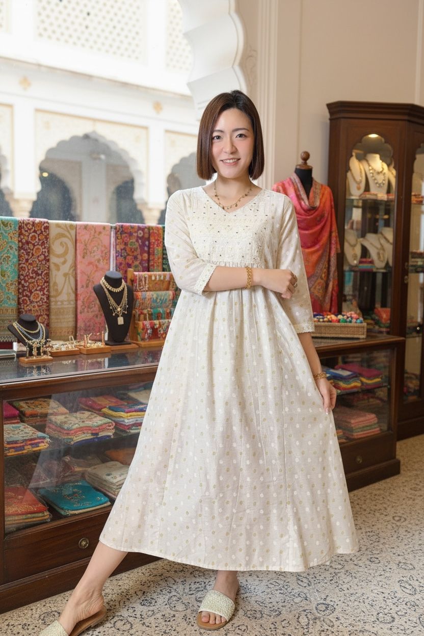 White Gold Dot V-Neck OP 43.5" #1500