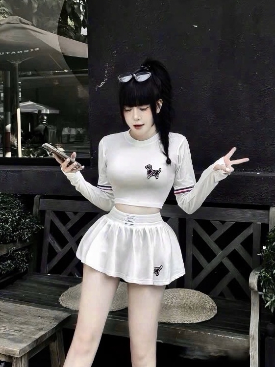 露臍上衣+高腰裤裙两件套