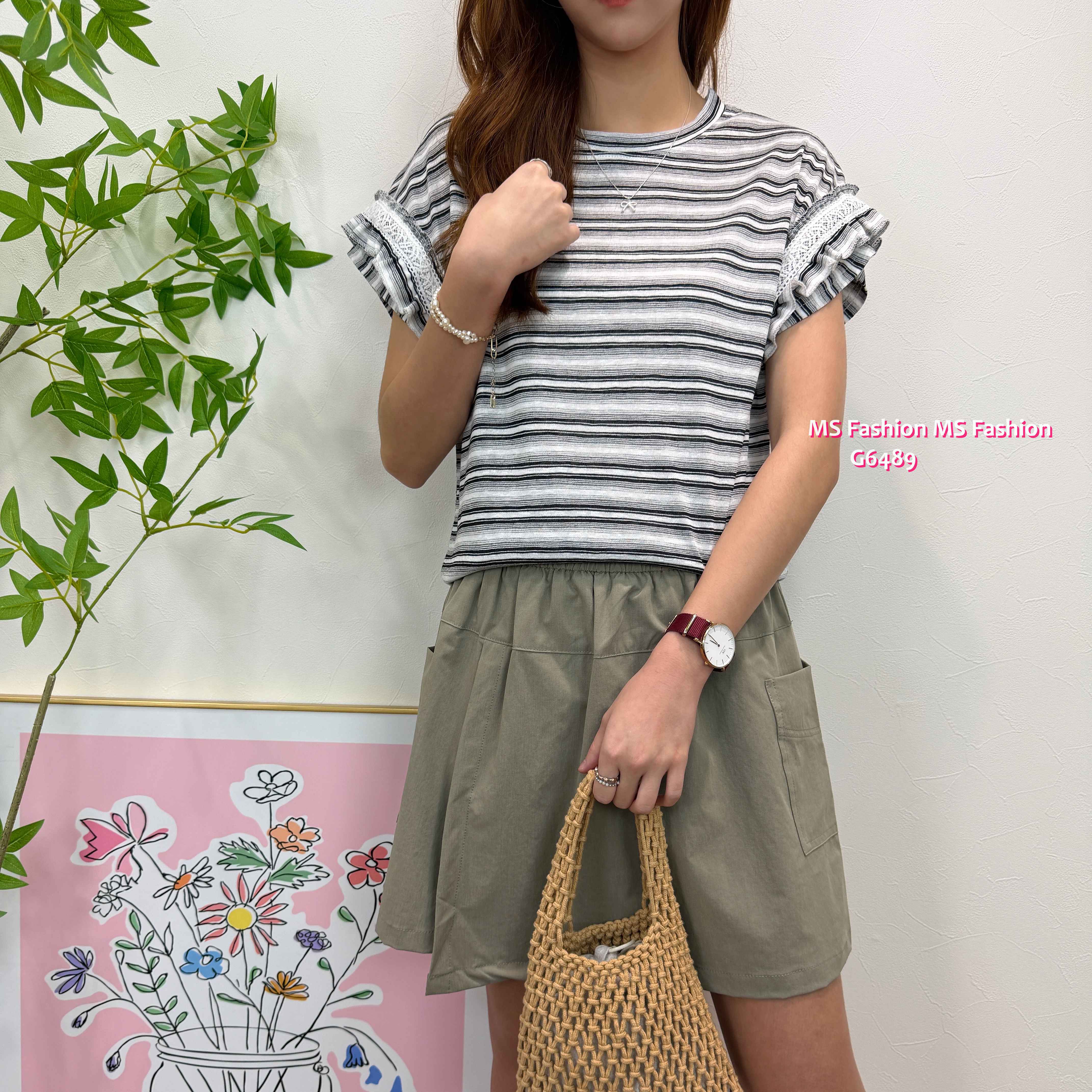 G6489 靚色lace ruffle袖top