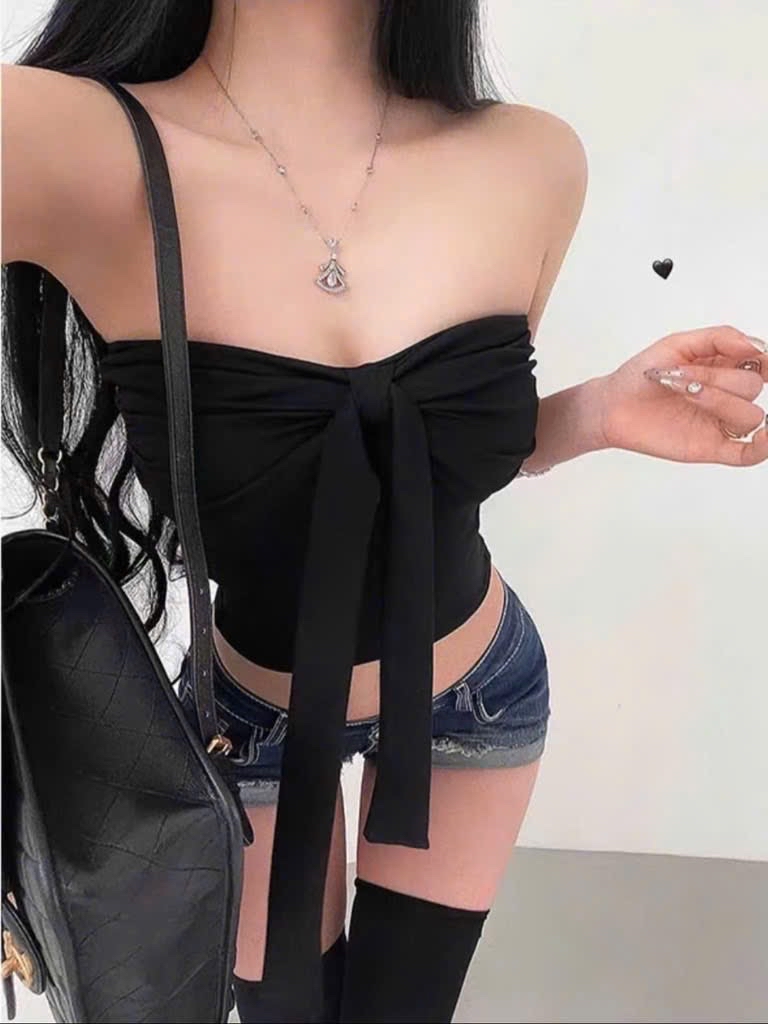 優雅黑色緞帶繫帶抹胸上衣