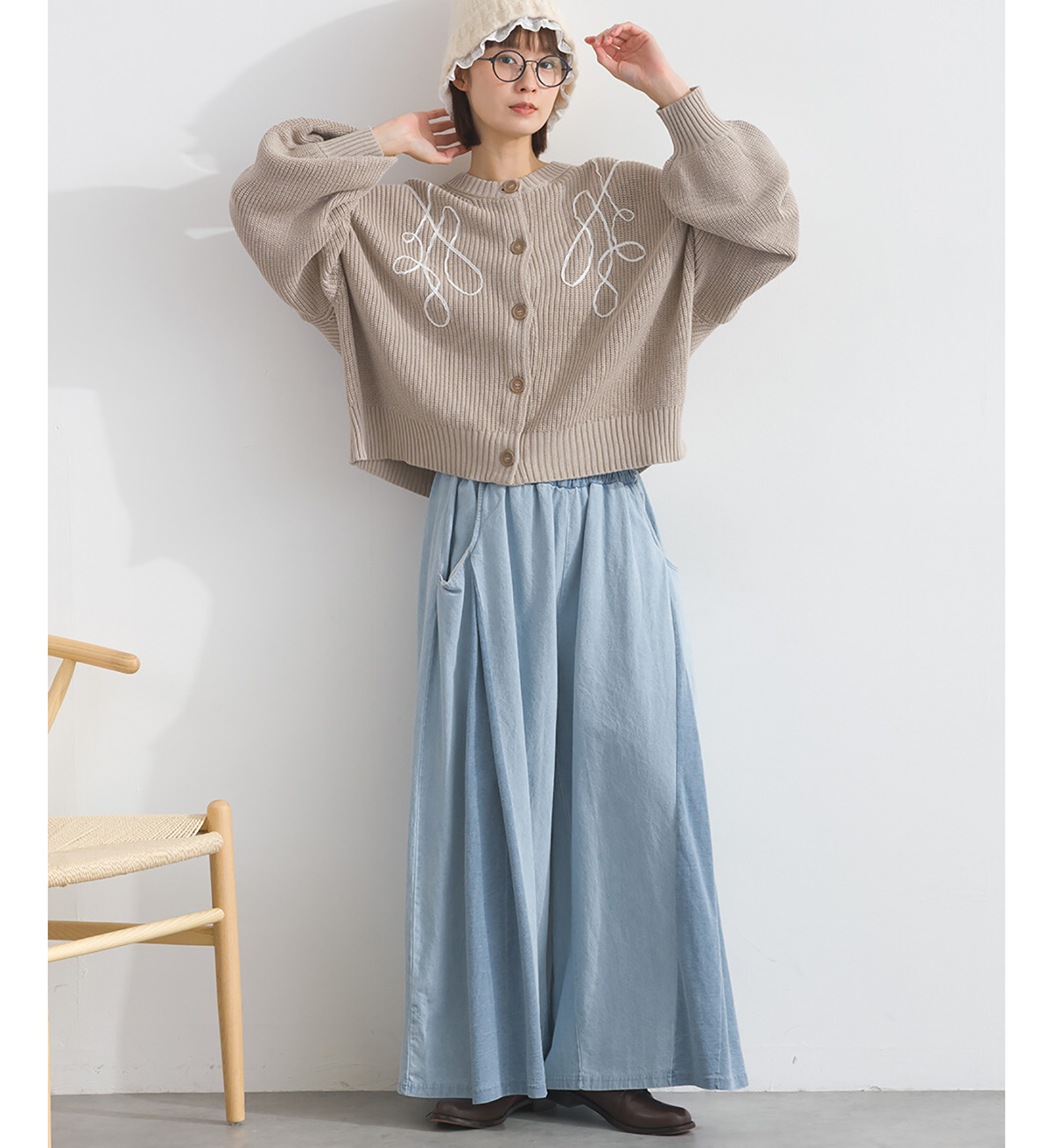 LP - 絲帶織紋開襟毛衣 (杏色)