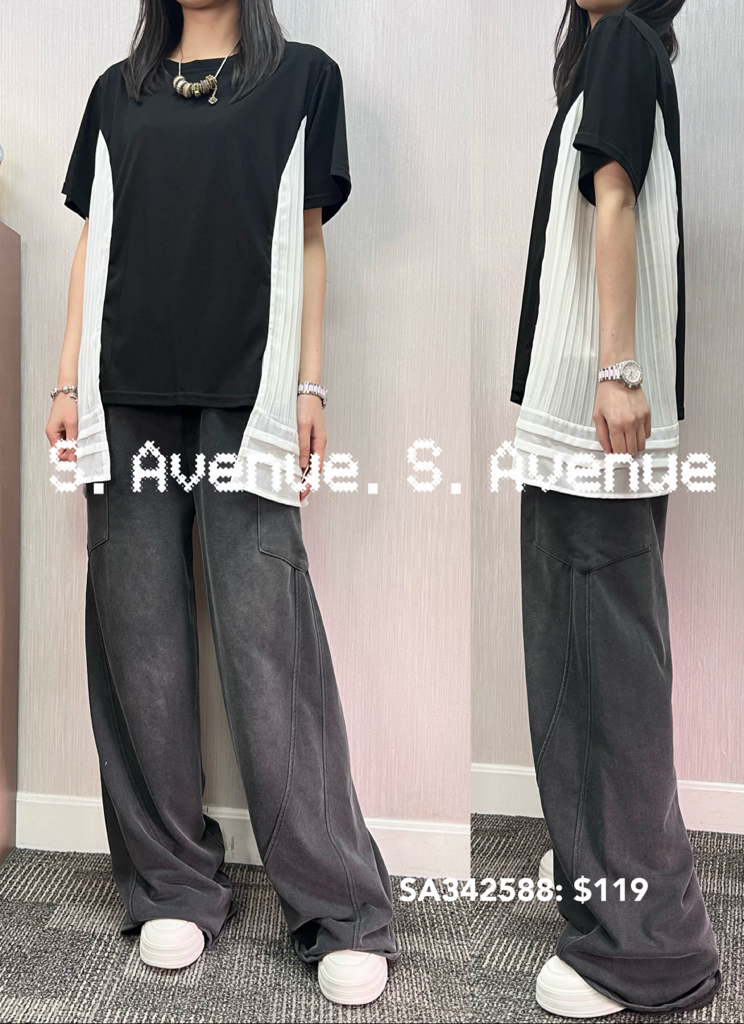 SA342588: 短袖側拼白色壓撍雪紡A字tee