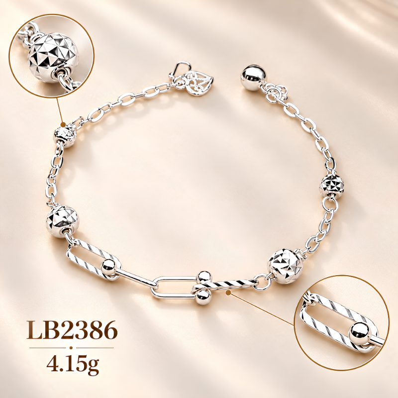 LB2386 Paper Clip + Diamond Cut Beads Bracelet