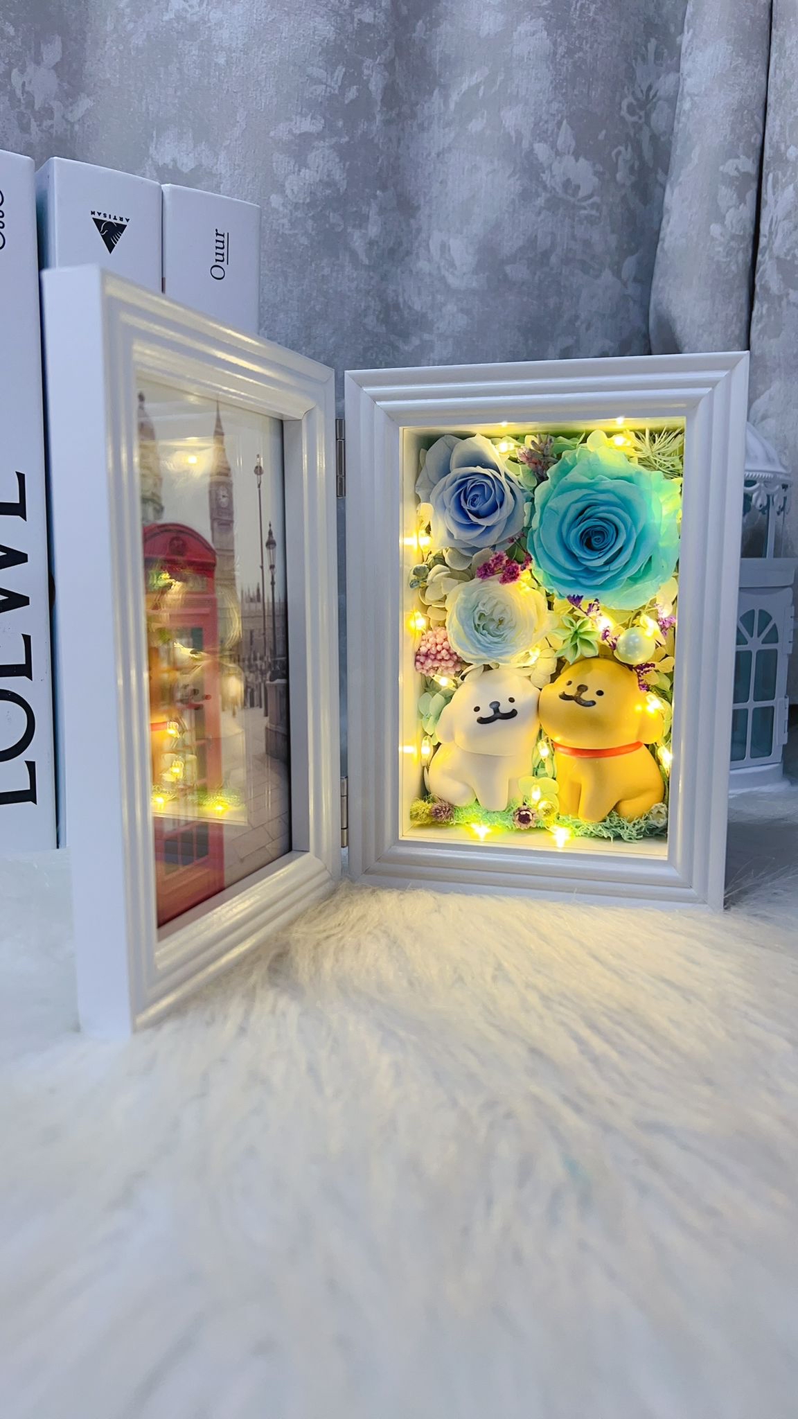 線條小狗藍玫瑰永生花4R相框