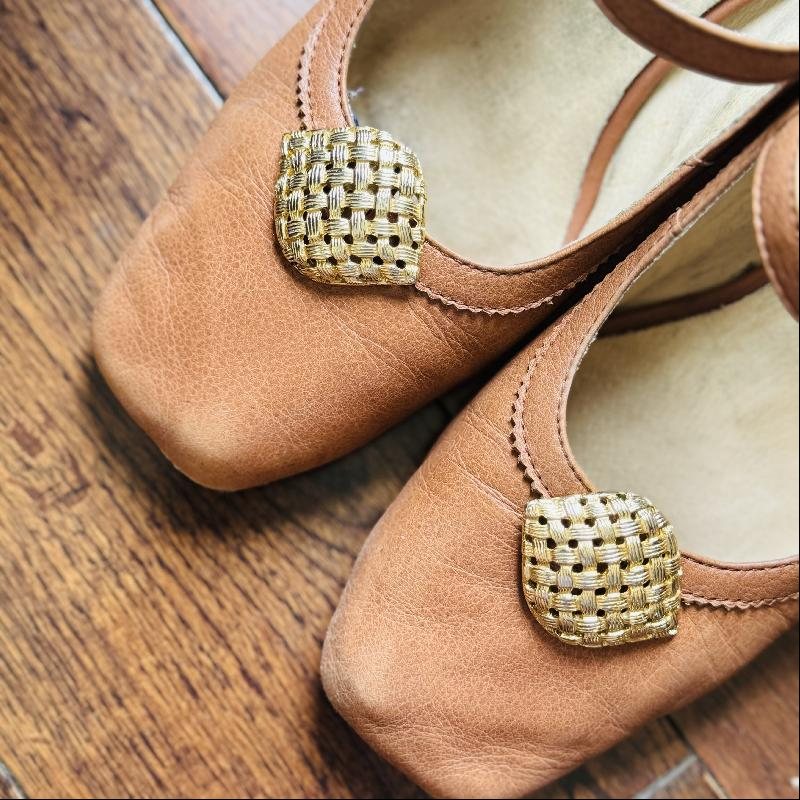 Vintage Made in France Bluette Golden Eye Shape Plaid Work Shoe Clips (MT2070-14)
