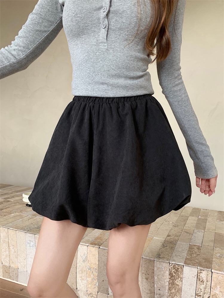 B229(8003) 韩版甜美休闲风松紧腰下摆花苞边黑咖短裙