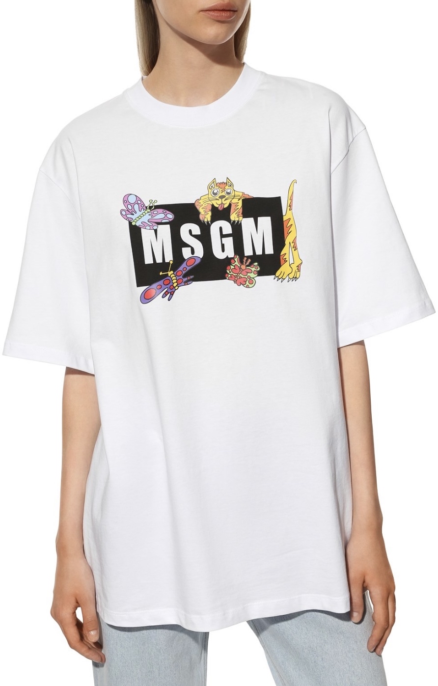 MSGM Funky Tiger 動物拼貼黑方框標誌白色純棉短袖Tee