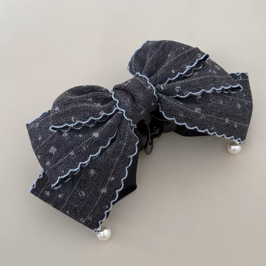 牛仔小碎花珍珠蝴蝶结抓夹｜Denim Floral Pearl Bow Hair Claw