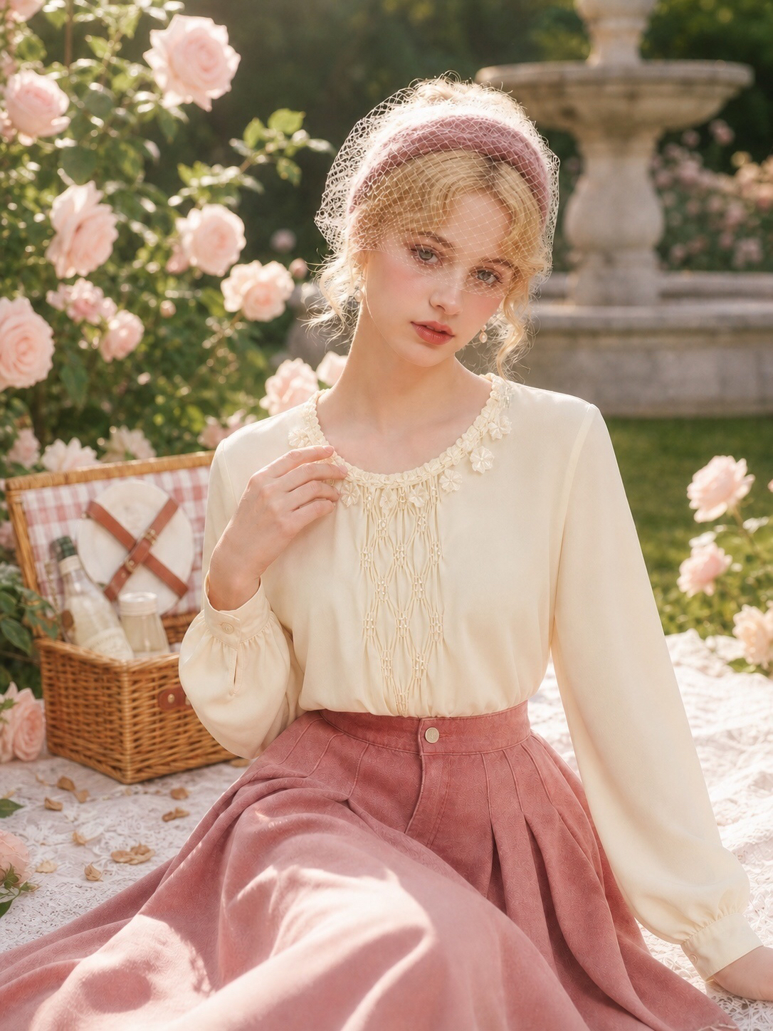 玫瑰莊園的晨光蕾絲小花環柔霧襯衫上衣Rosabelle Secret Garden  Floral Lace Neckline Blouse