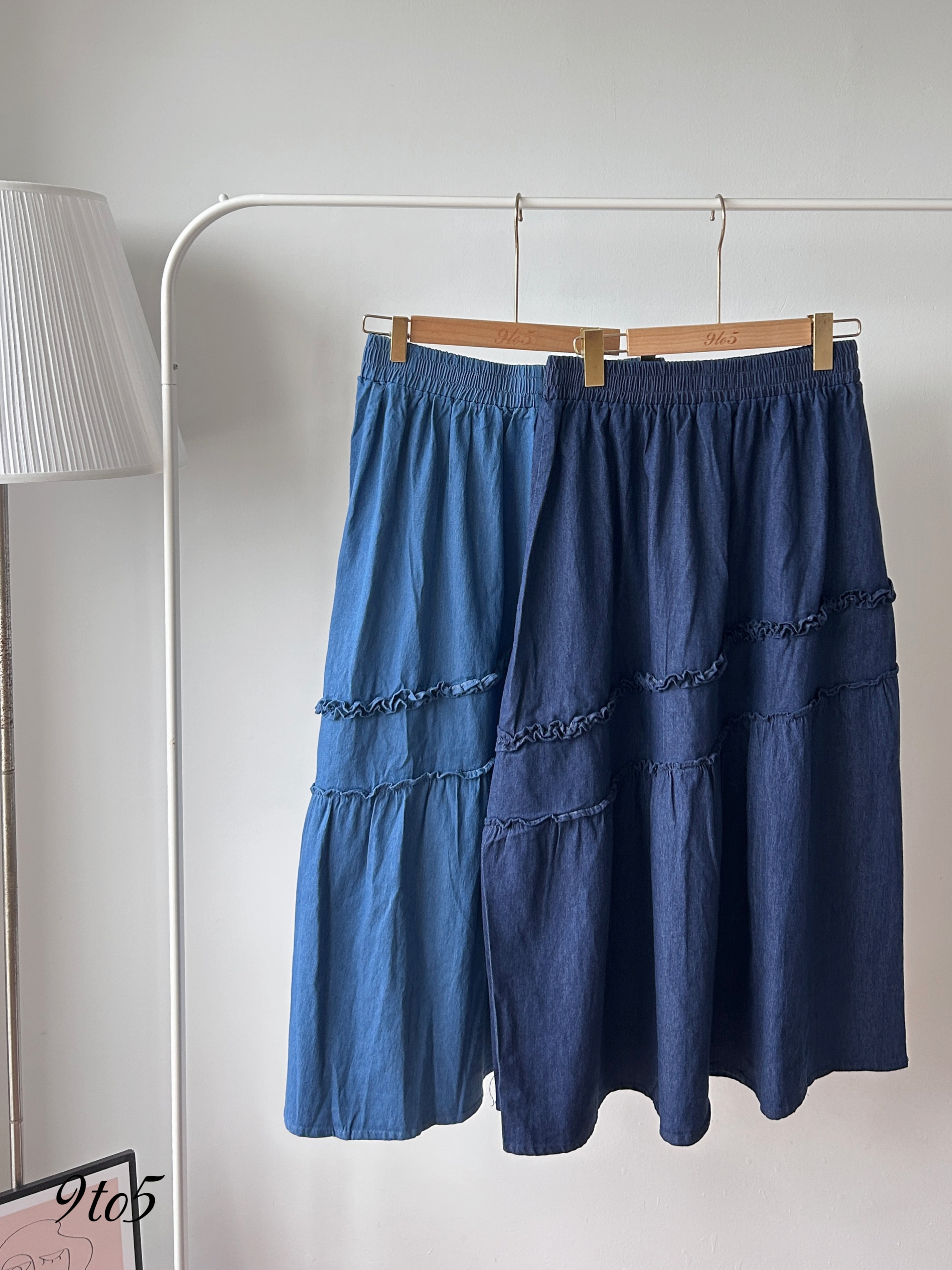 S2051 A Line Denim Skirt - Dark Blue & Light Blue