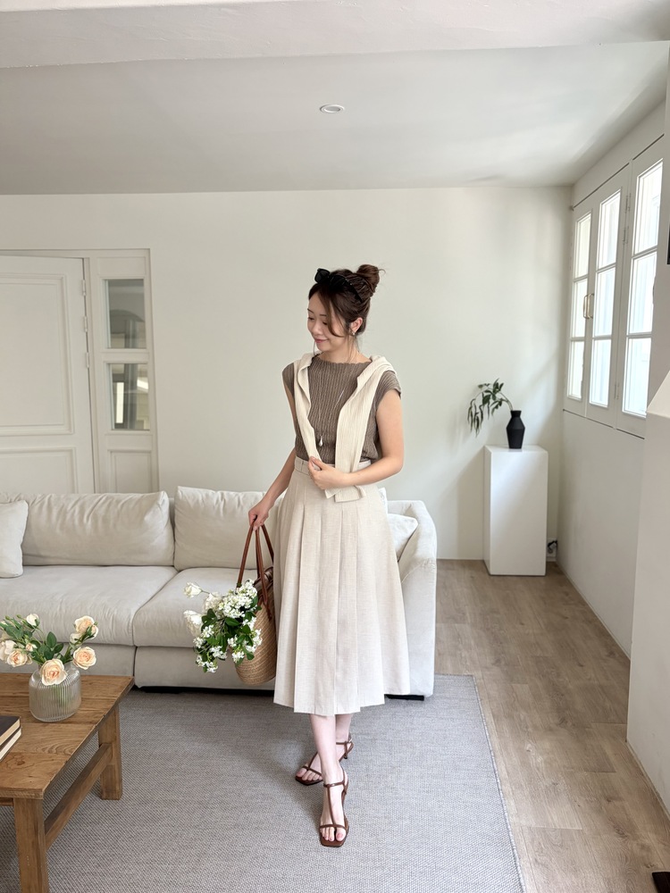 Linen Blend Pleated Skirt (Oat)