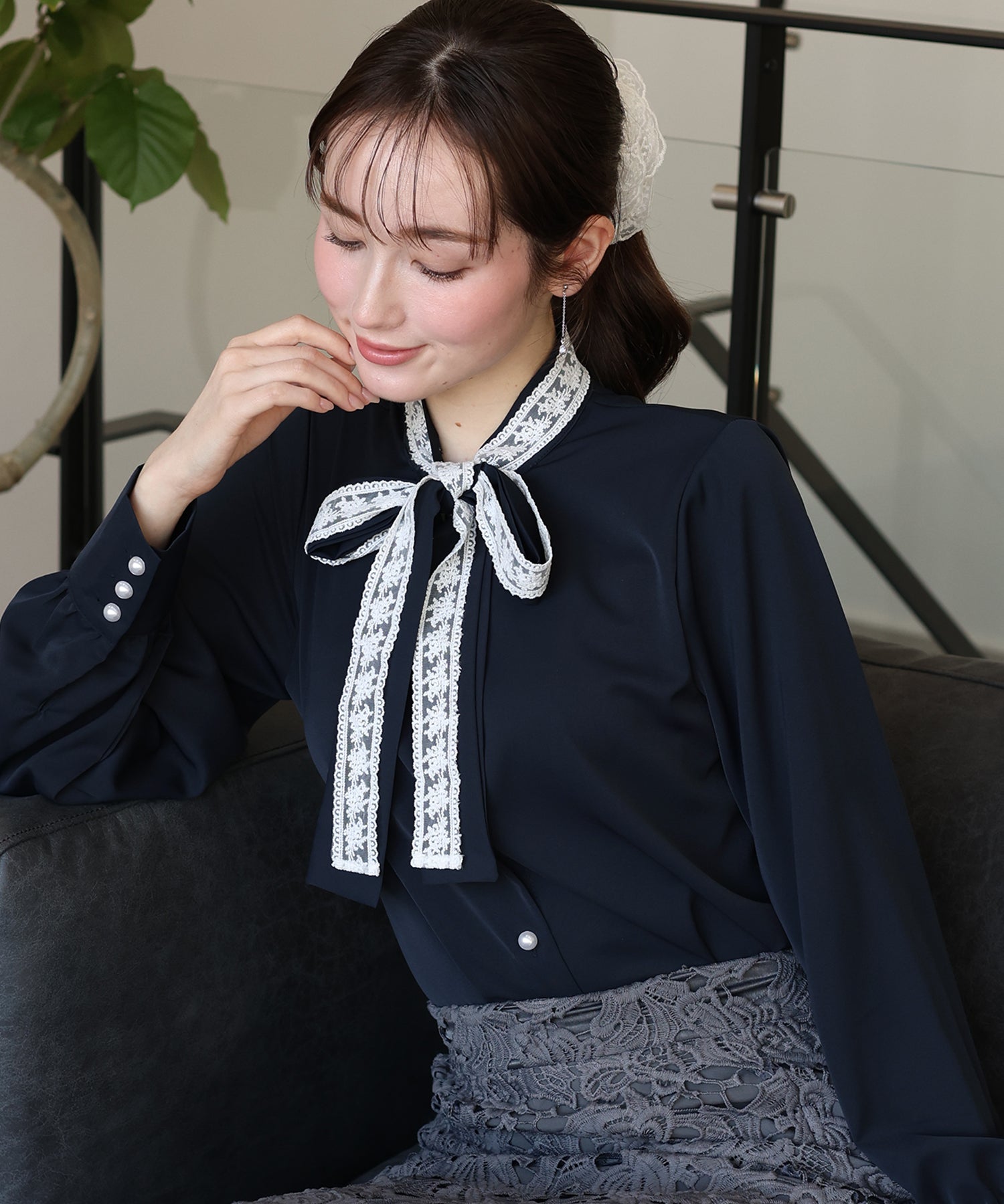 <JP> Lace Ribbon x Pearl Shirt Blouse * 3色入 <預購>