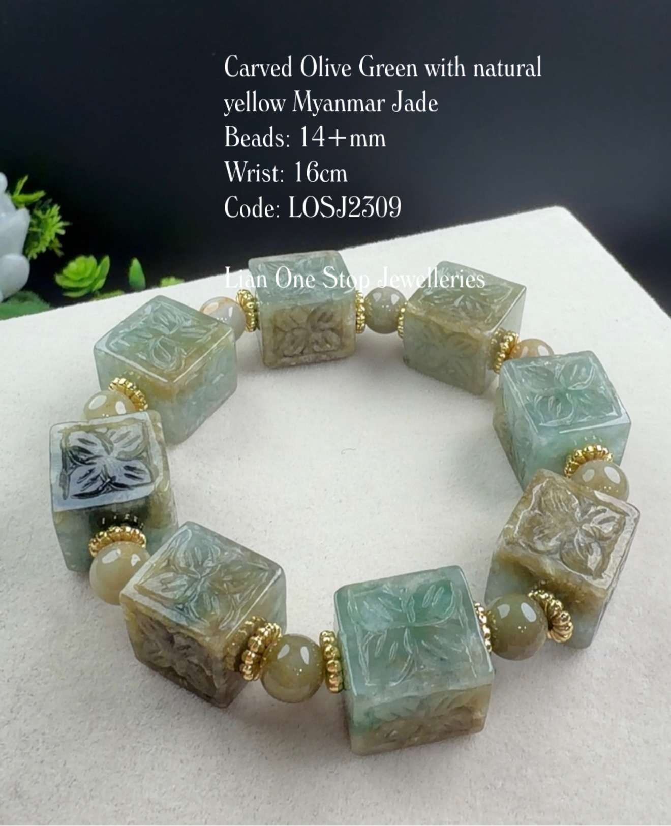 Code: LOSJ2309 Carved Olive Green with natural yellow Myanmar Jade