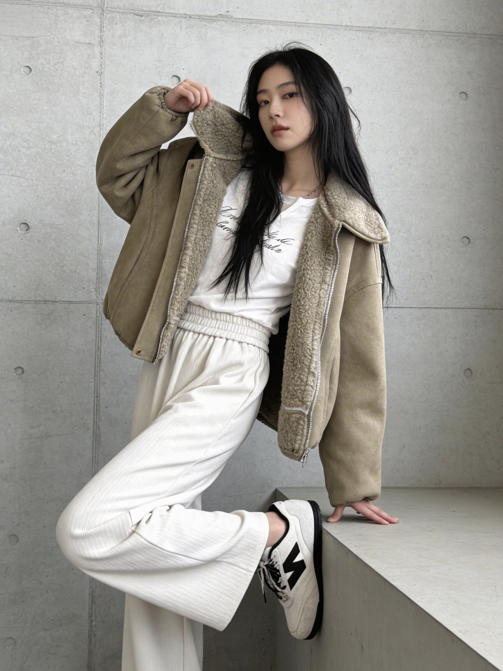 卡其色麂皮毛領短版飛行夾克