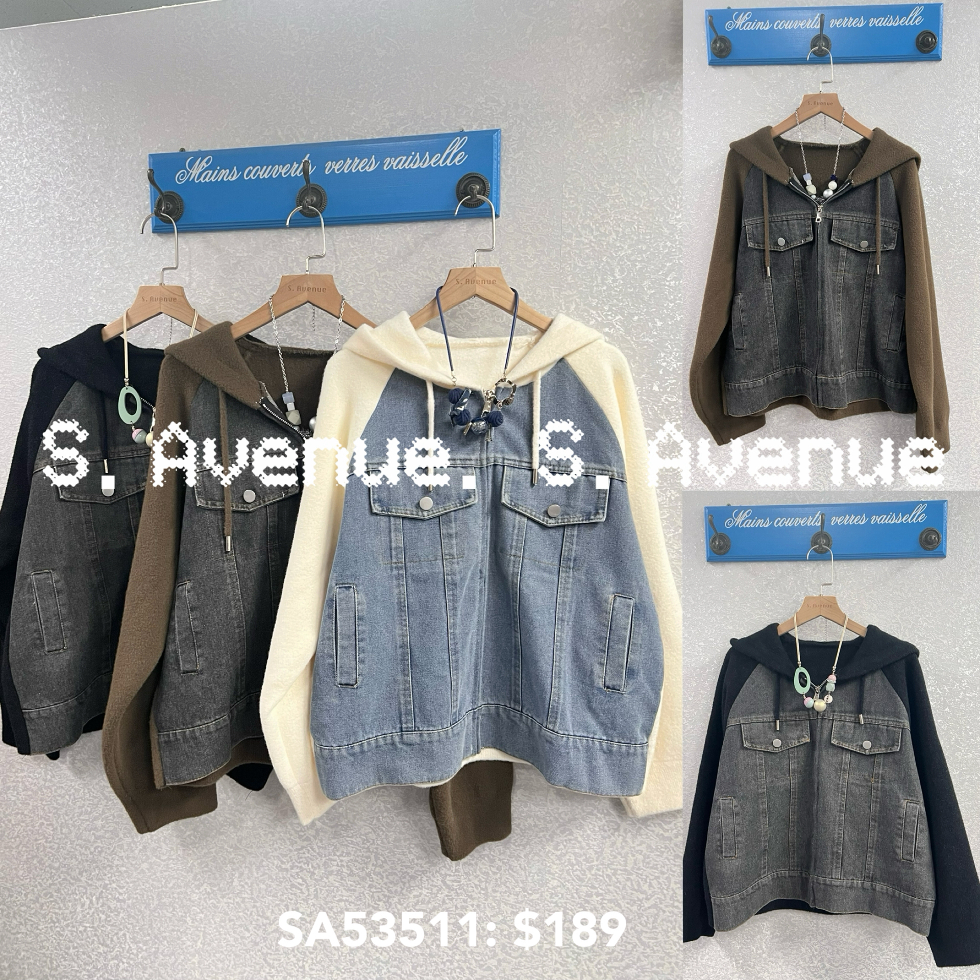 SA53511: 長袖有帽韓國絨拼牛仔拉錬褸