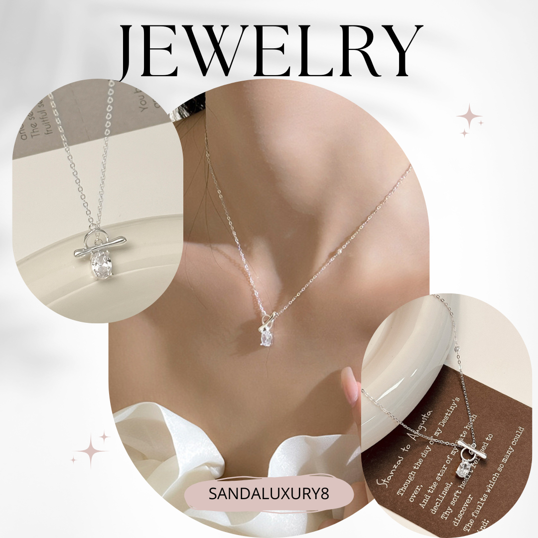 Simple Silver T Bar  Necklace with Diamond Pendant 