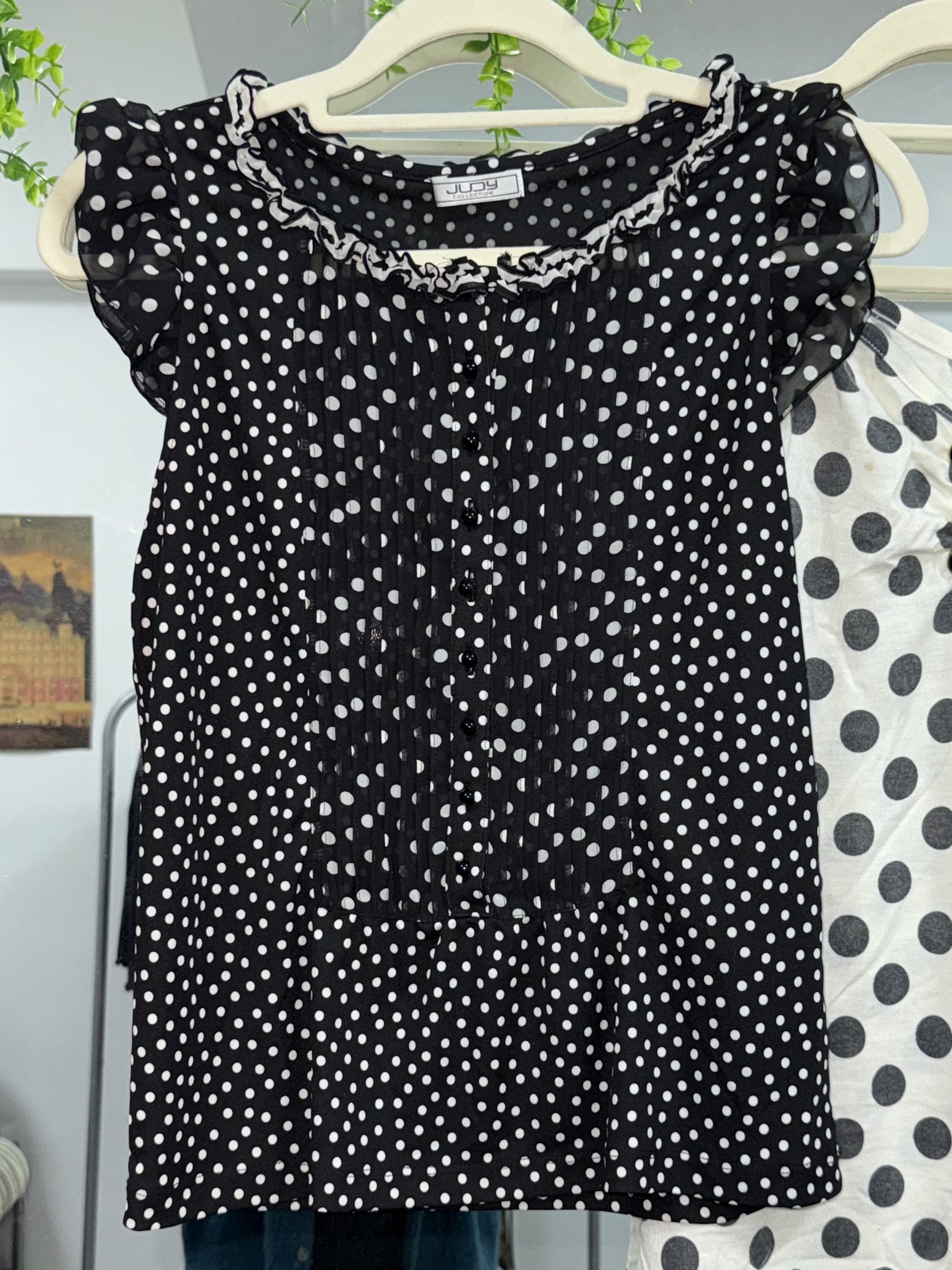 Retro Dot Print Smocked Waist Chiffon Blouse