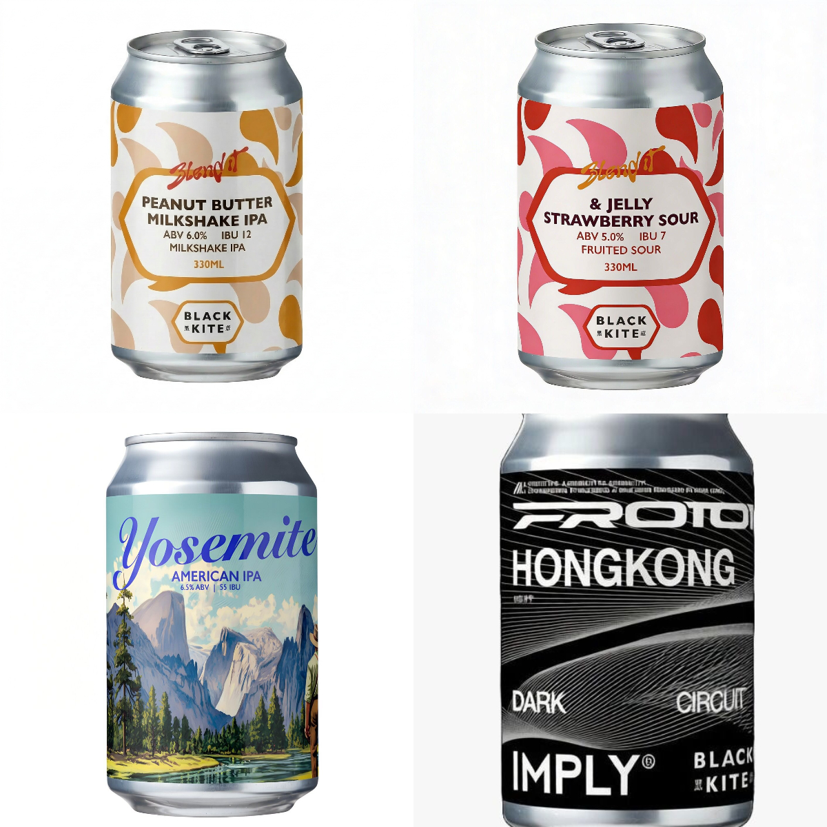 Black Kite PEANUT BUTTER MILKSHAKE IPA / & JELLY STRAWBERRY SOUR / YOSEMITE AMERICAN IPA / DARK CIRCUIT BLACK IPA