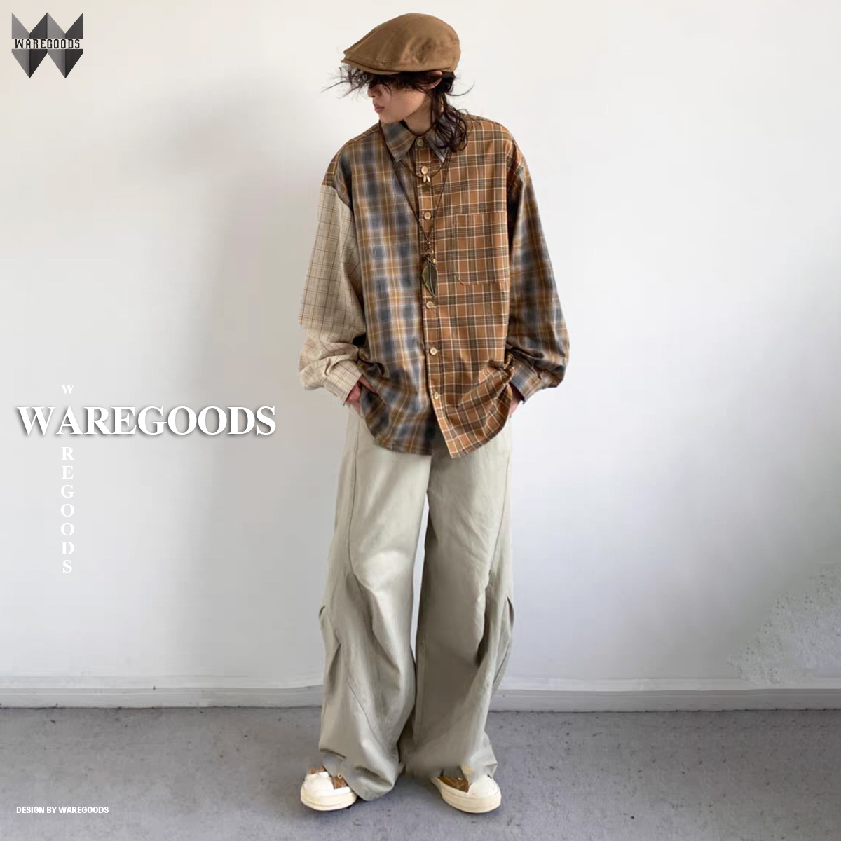 W61復古拼色格仔長袖恤衫