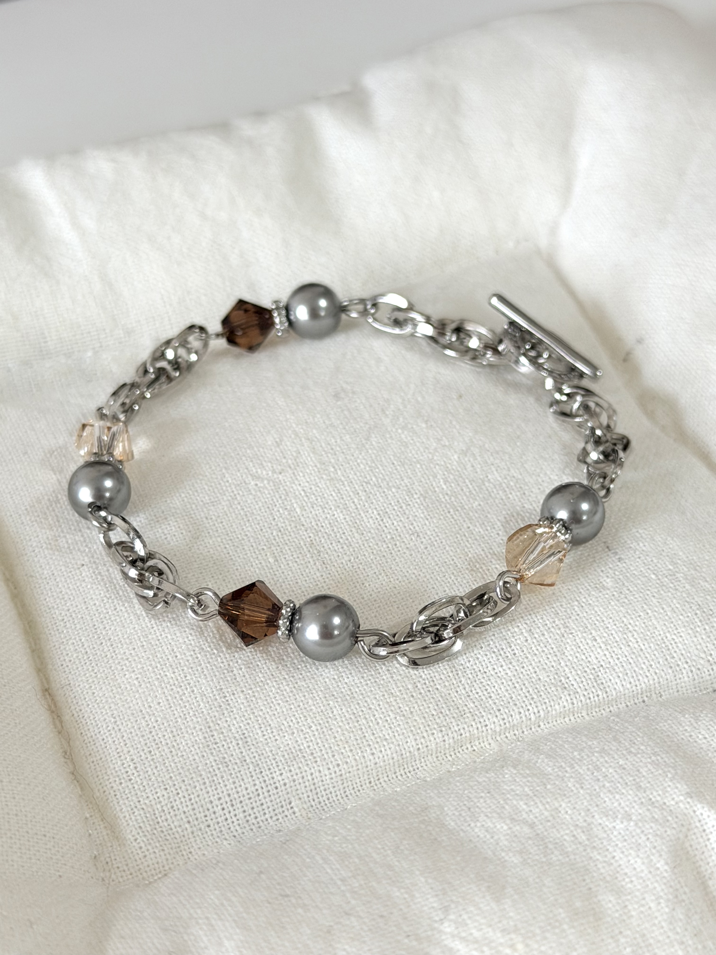 復古款水晶手鍊/棕色x銀色