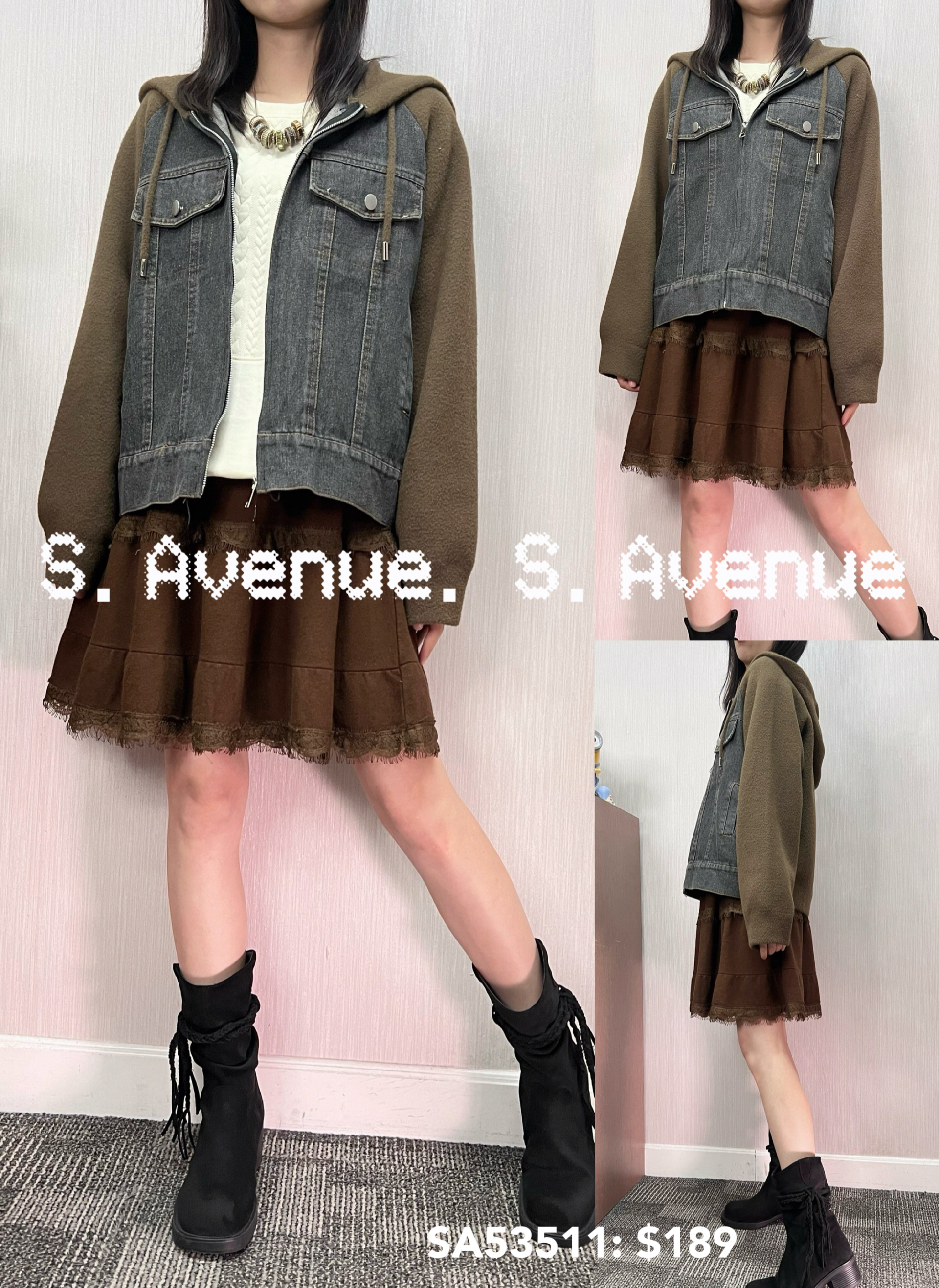 SA53511: 長袖有帽韓國絨拼牛仔拉錬褸