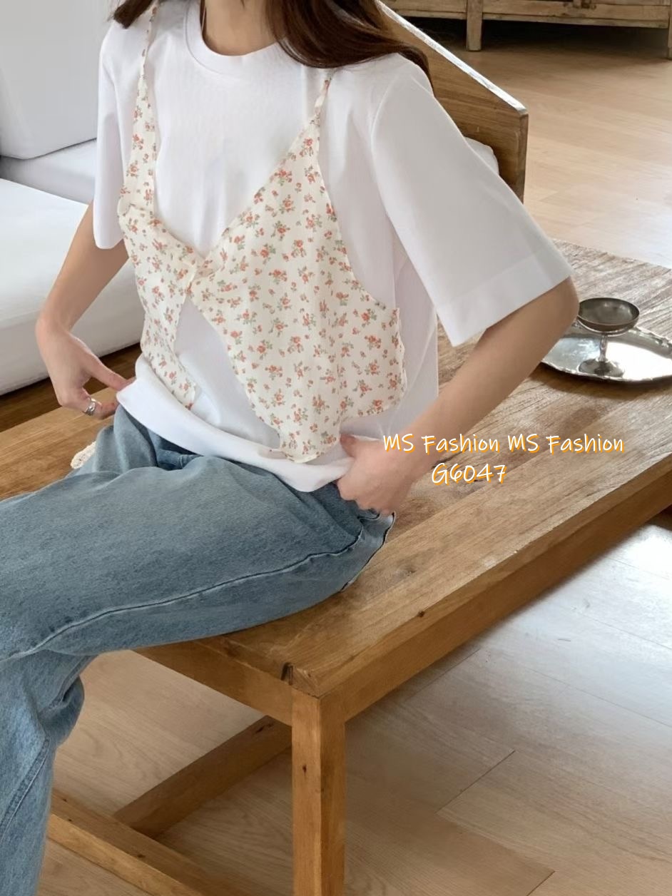 G6047 韓國🇰🇷假兩件拼碎花布top