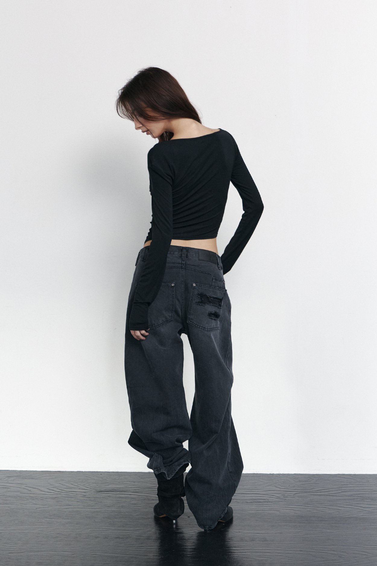 pleaseNOFOLLOW - Sadie Unbal Shirring Long Sleeve Top (Black)