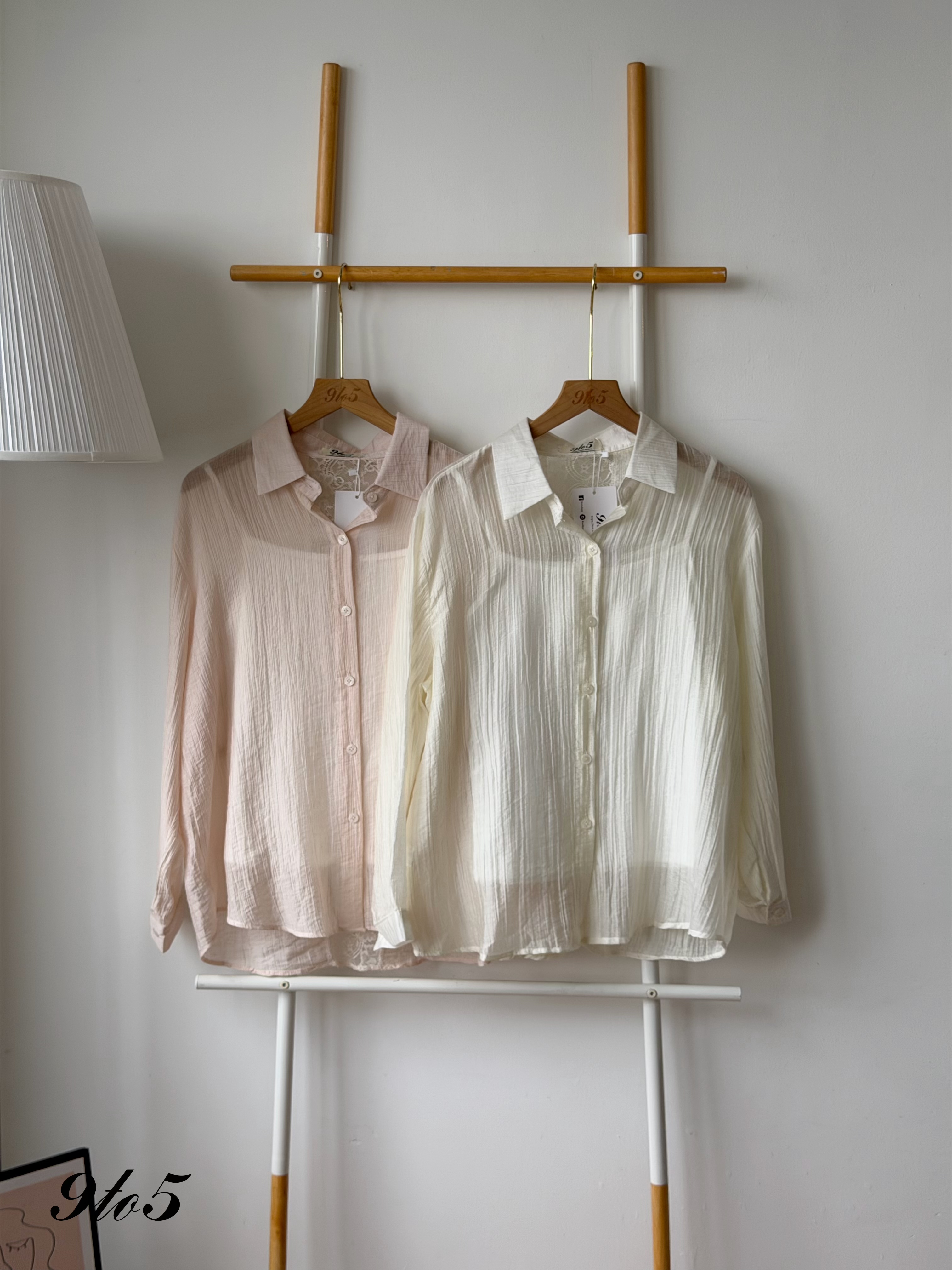 T4459 Long Sleeve Semi-sheer Shirt - Cream & Pink