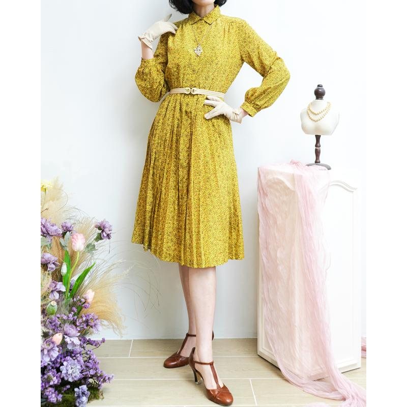 Vintage Japanese Green and Yellow Scattering Foliage Pattern Pleated Shirtdress (MT1608-75)