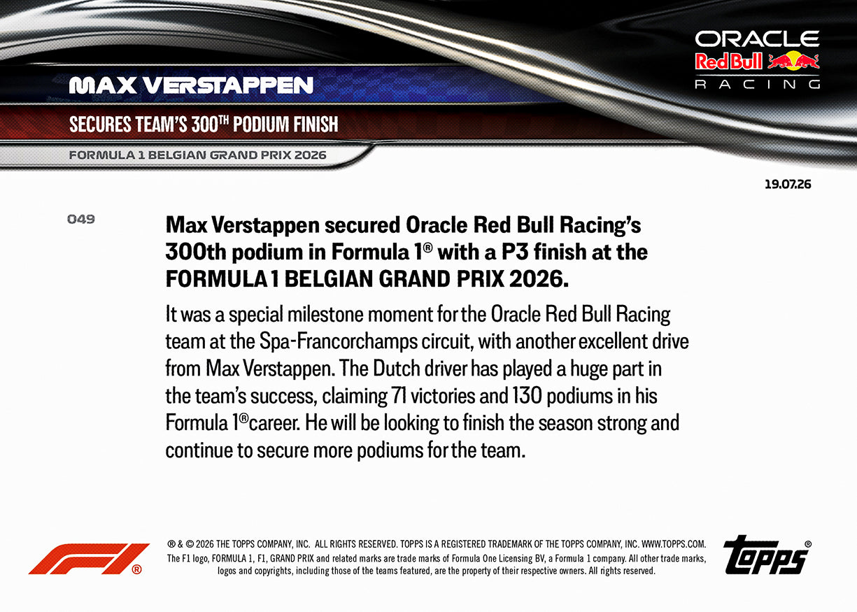 Max Verstappen - 2026 F1 Topps Now #49 Belgian GP 紀念卡【團購】