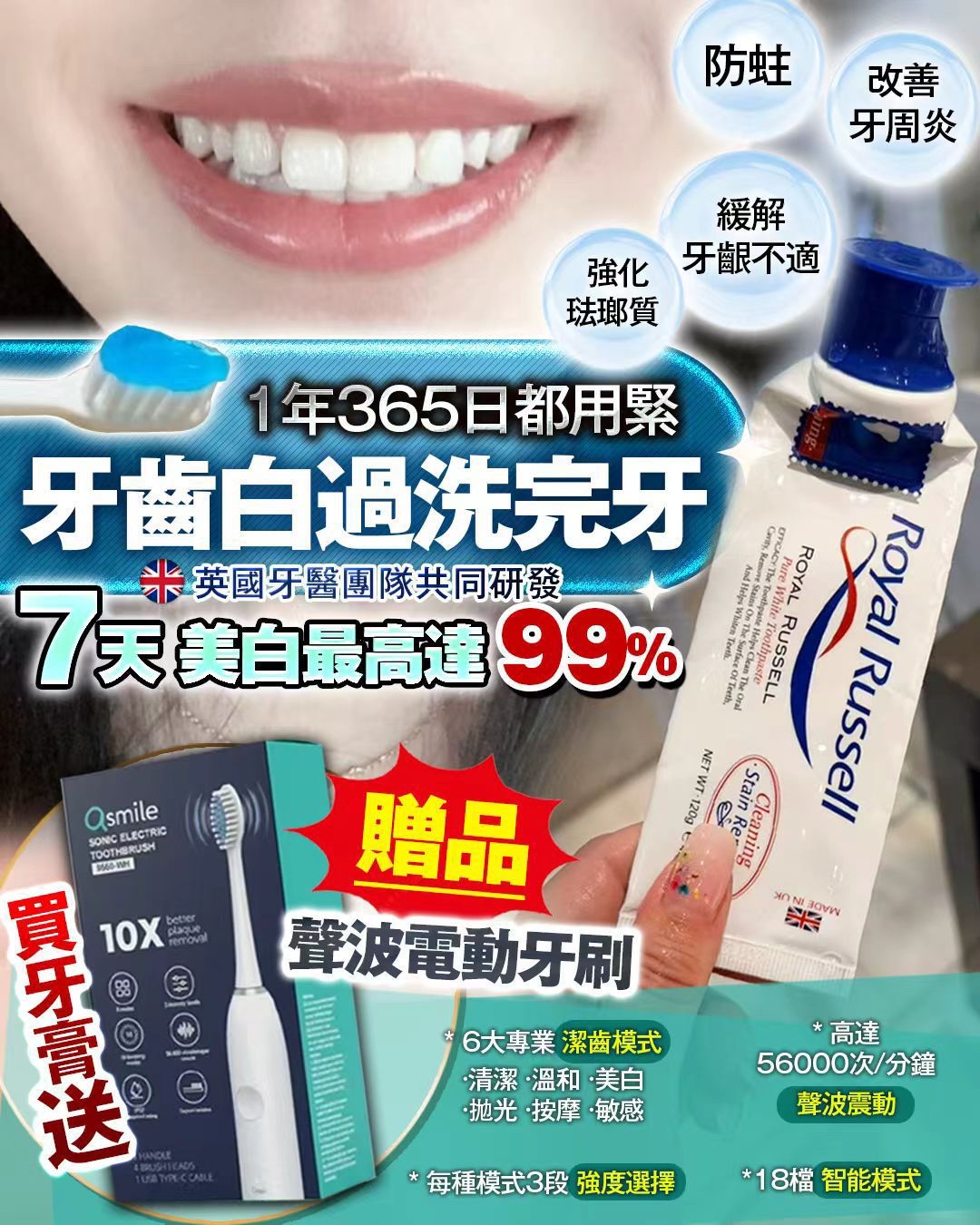 預購｜白牙套裝   （包括閃鑽牙膏x1 聲波震動牙刷x1 ） 