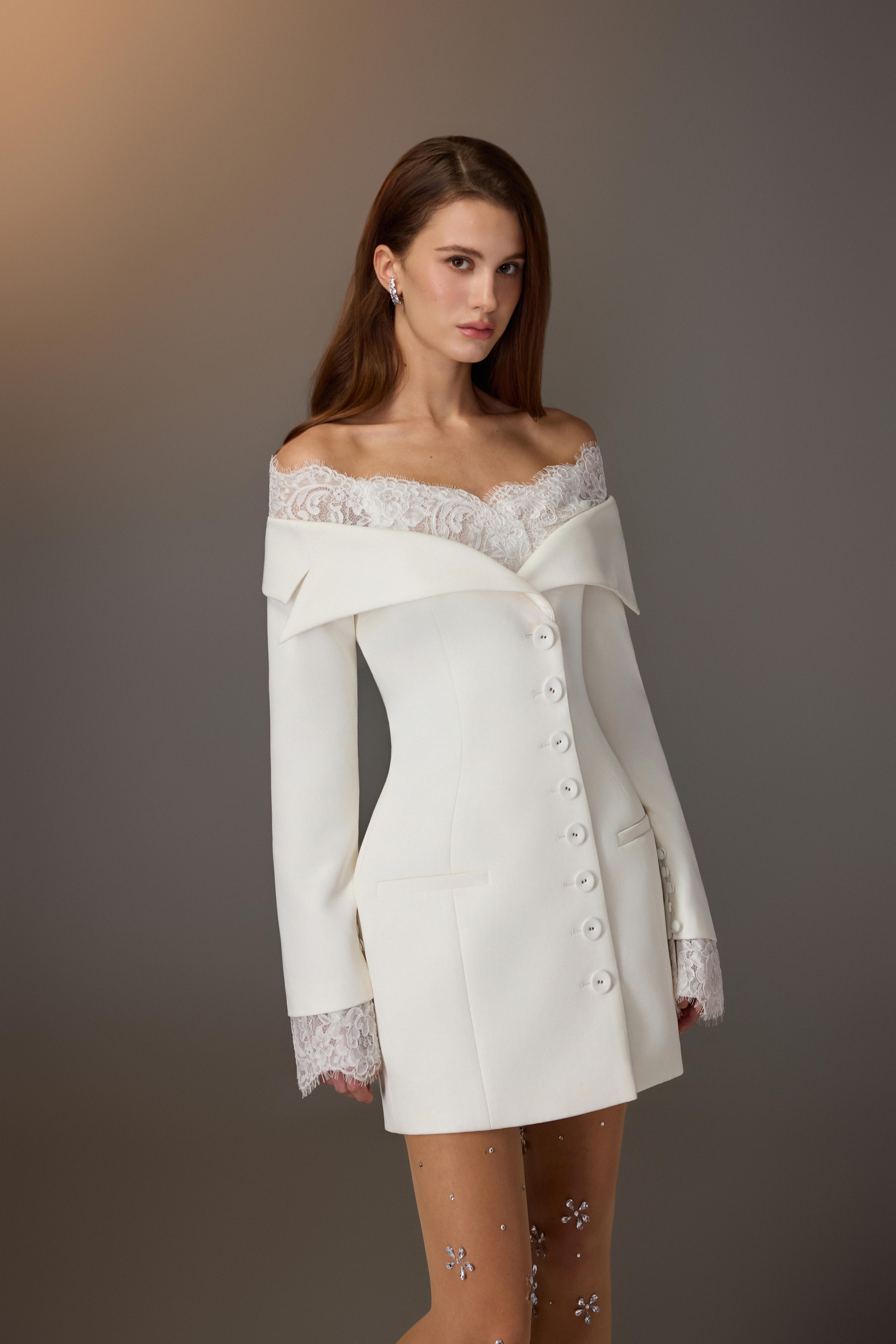 Ivory Lace Off Shoulder Blazer Dress