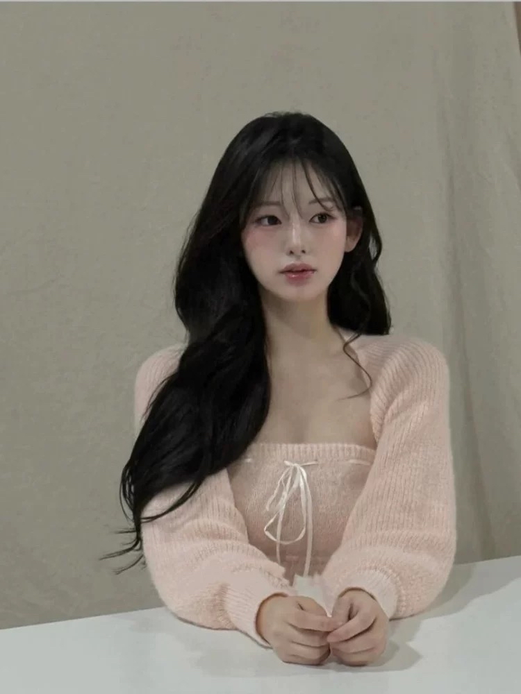 韓國毛毛抹胸綁帶蝴蝶結+罩衫外套