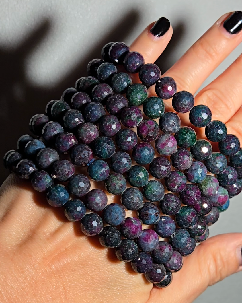 Ruby in kyanite faceted bead bracelets with UV, larger beads - RBY138