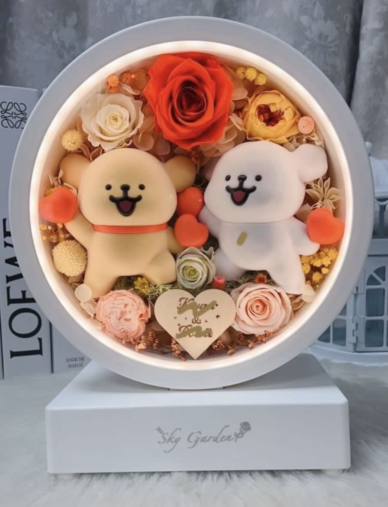 線條小狗永生花藍芽喇叭小夜燈