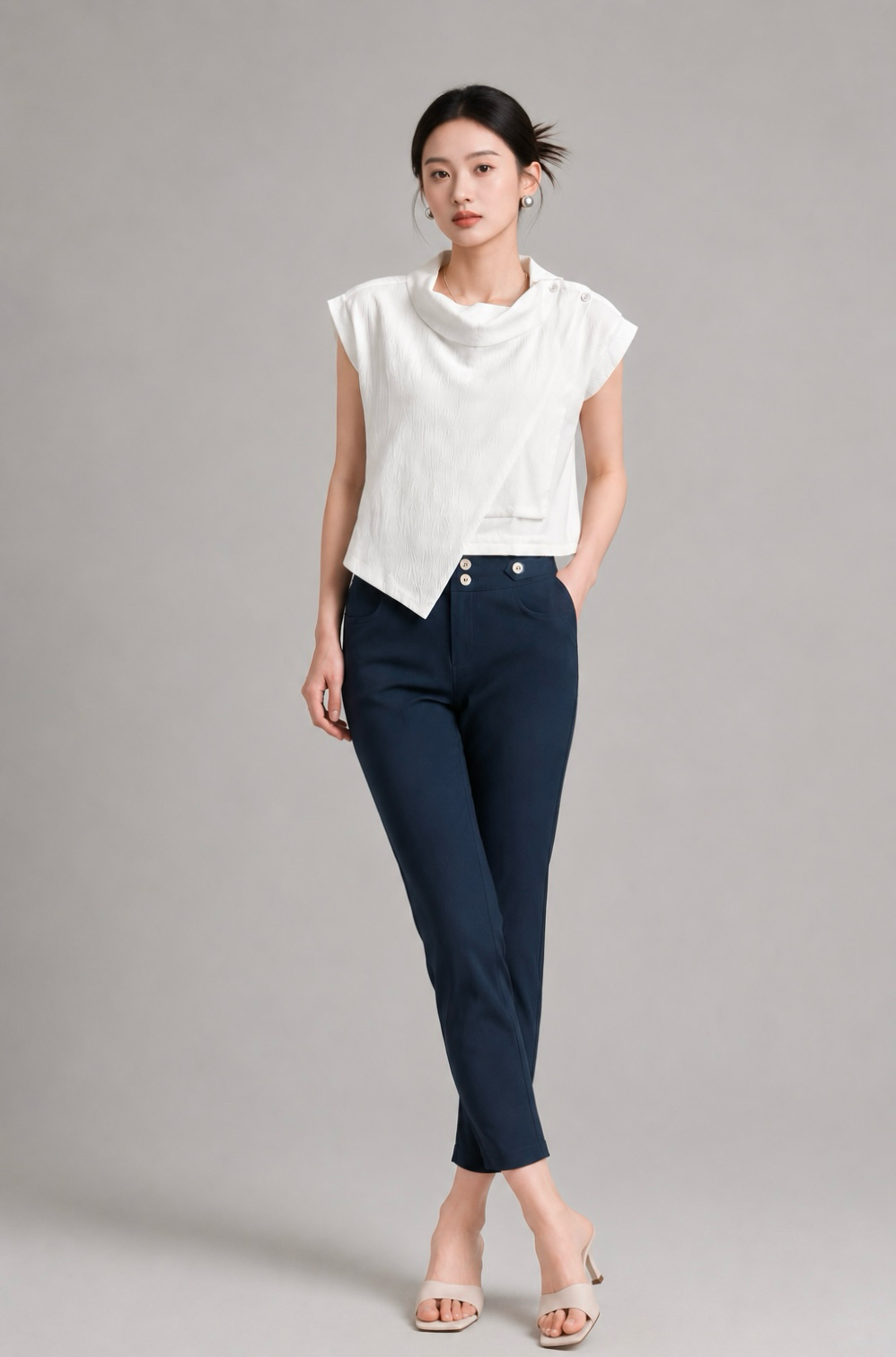 309811 Asymmetric Layered Cowl Neck Top