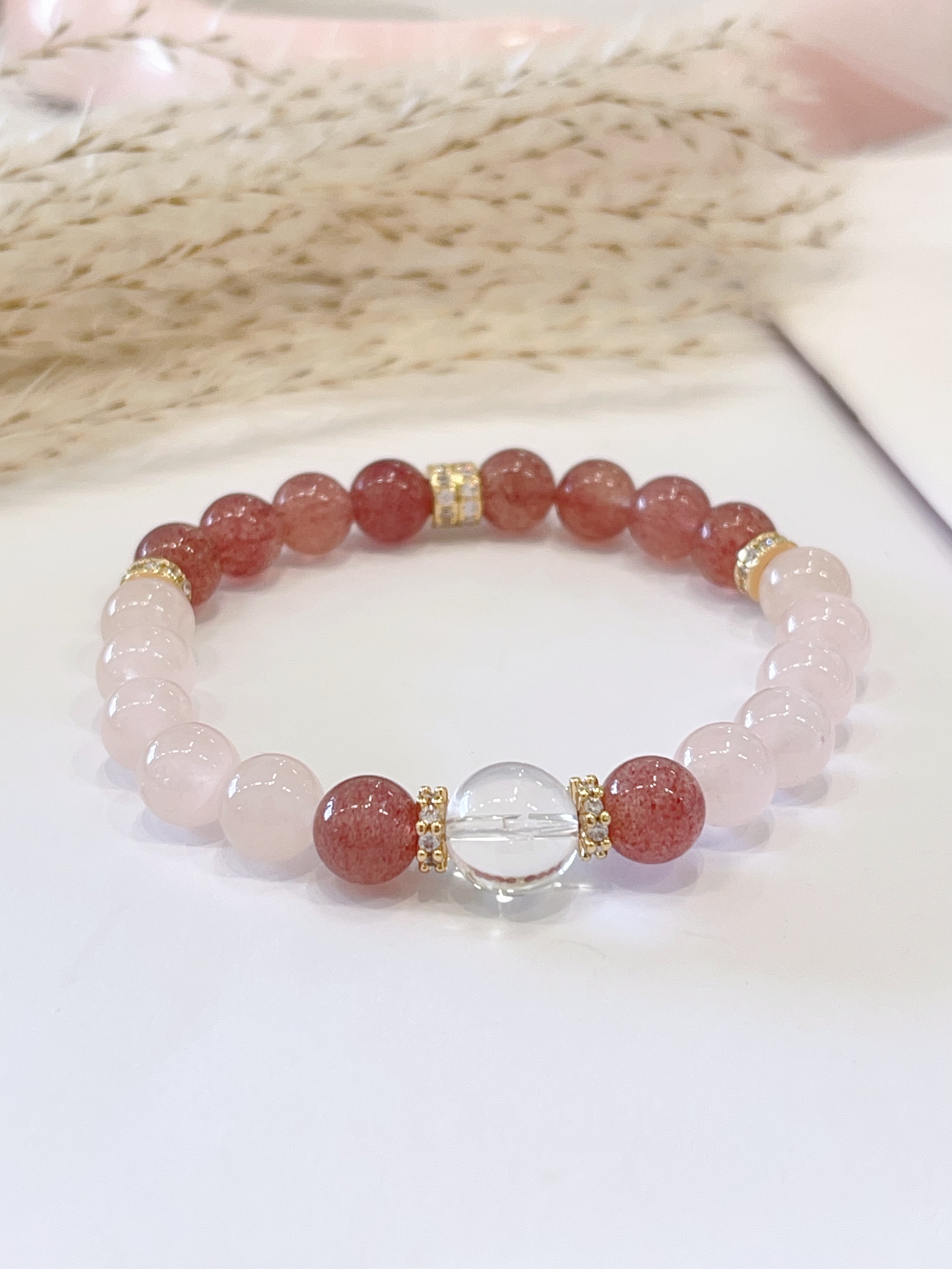 🌸 白水晶 × 粉水晶 × 草莓晶手串 Clear Quartz, Rose Quartz & Strawberry Quartz