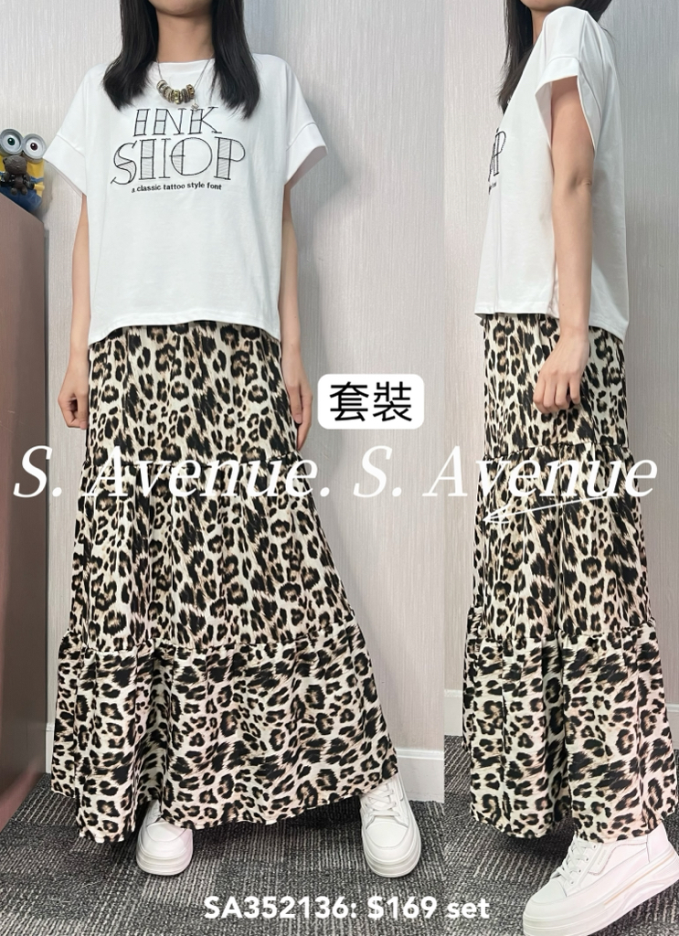 SA352136: 短袖繡英文字tee配橡根腰豹紋長裙套裝