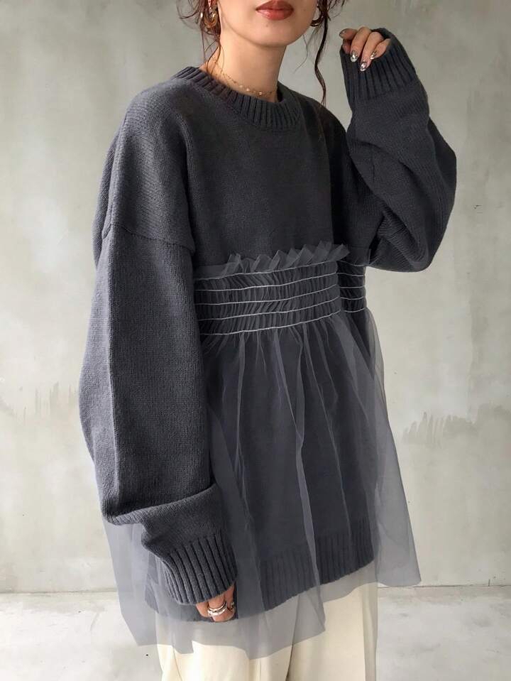 優雅針織拼接薄紗上衣