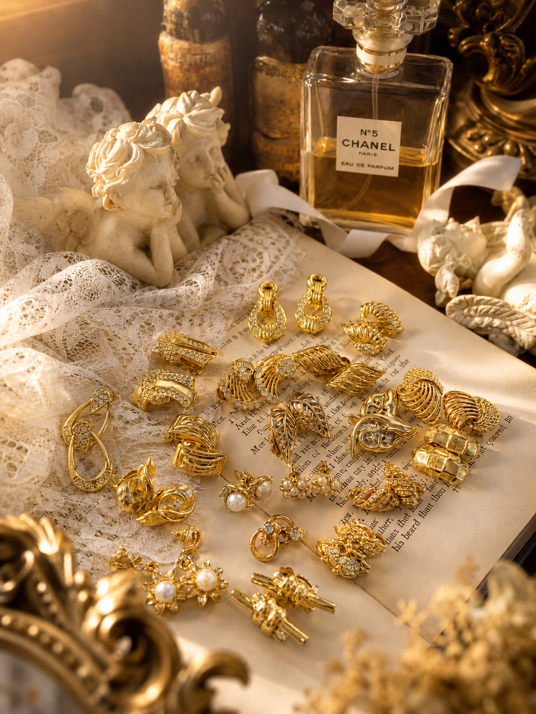 黄金海岸的晨曦微光 ∙ 西洋古董雕金與晶鑽珍珠耳環系列 Golden Coast at Dawn ∙ Vintage Gilded Sculpted & Crystal Pearl Earring Collection