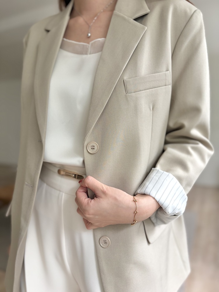 Margot Blazer with Striped Cuffs (Beige)
