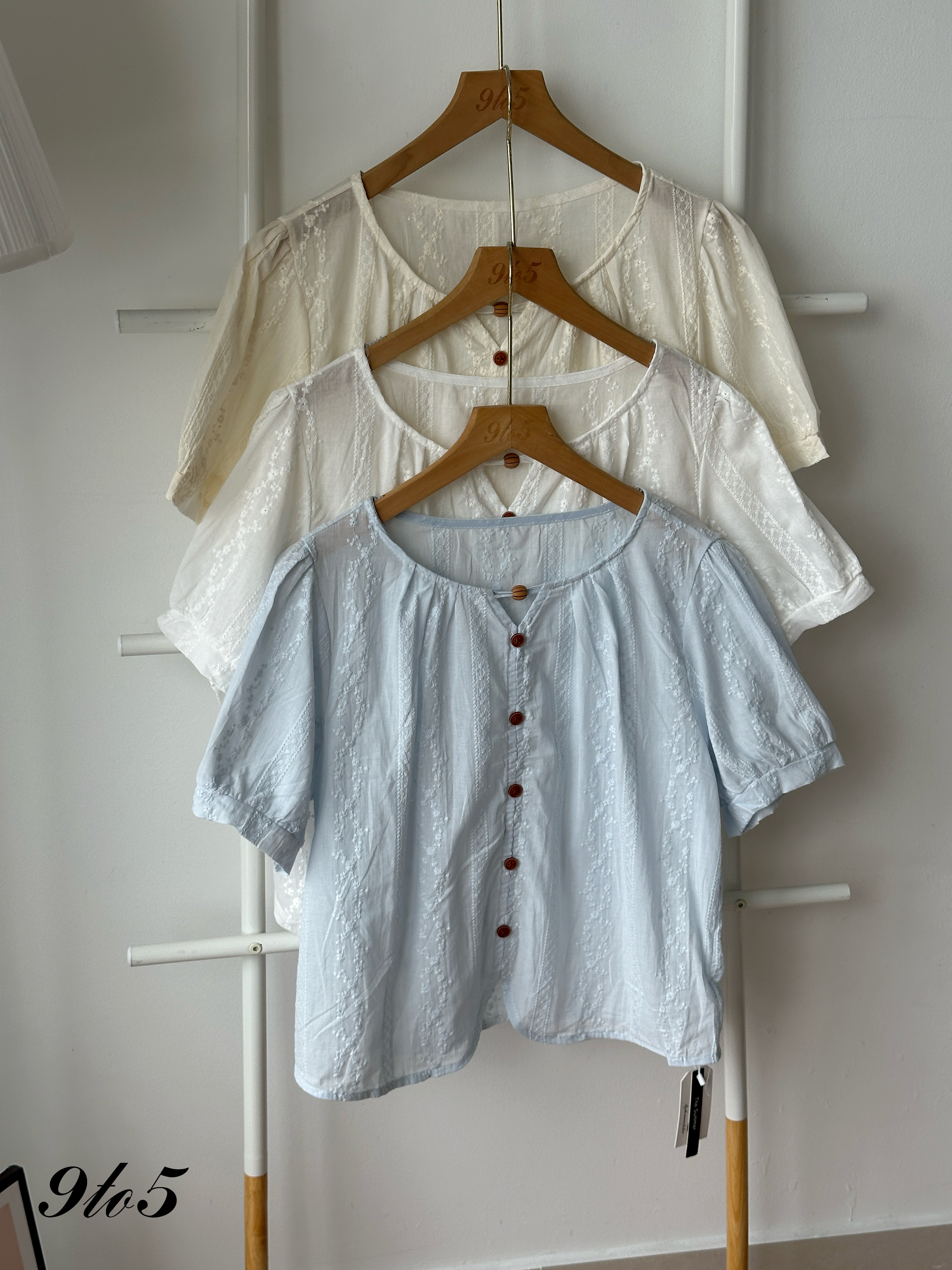 T4421 Puff Sleeve Embroidery Floral Blouse - 3 Colors 
