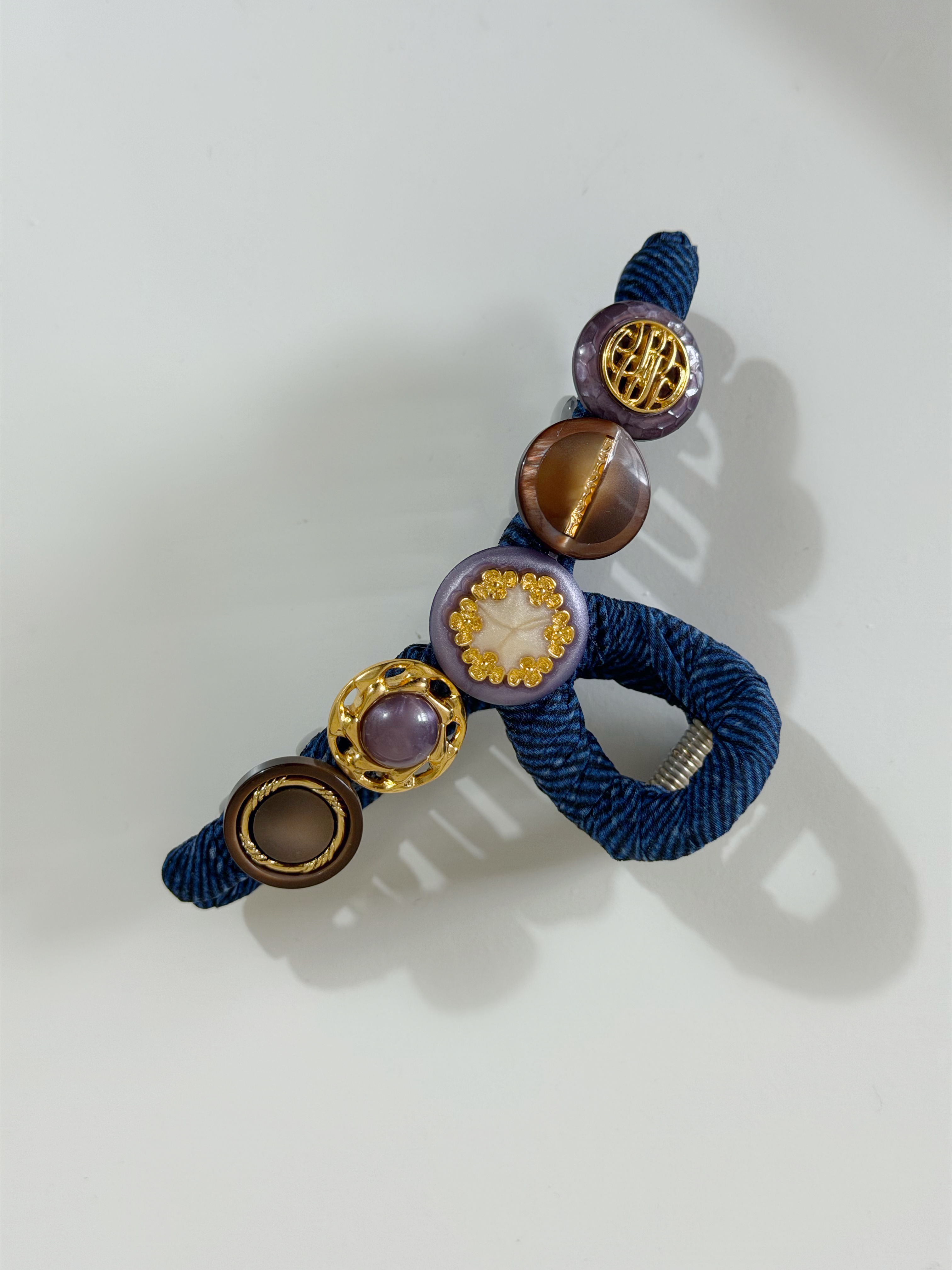 復古鈕扣髮夾/牛仔 11cm長