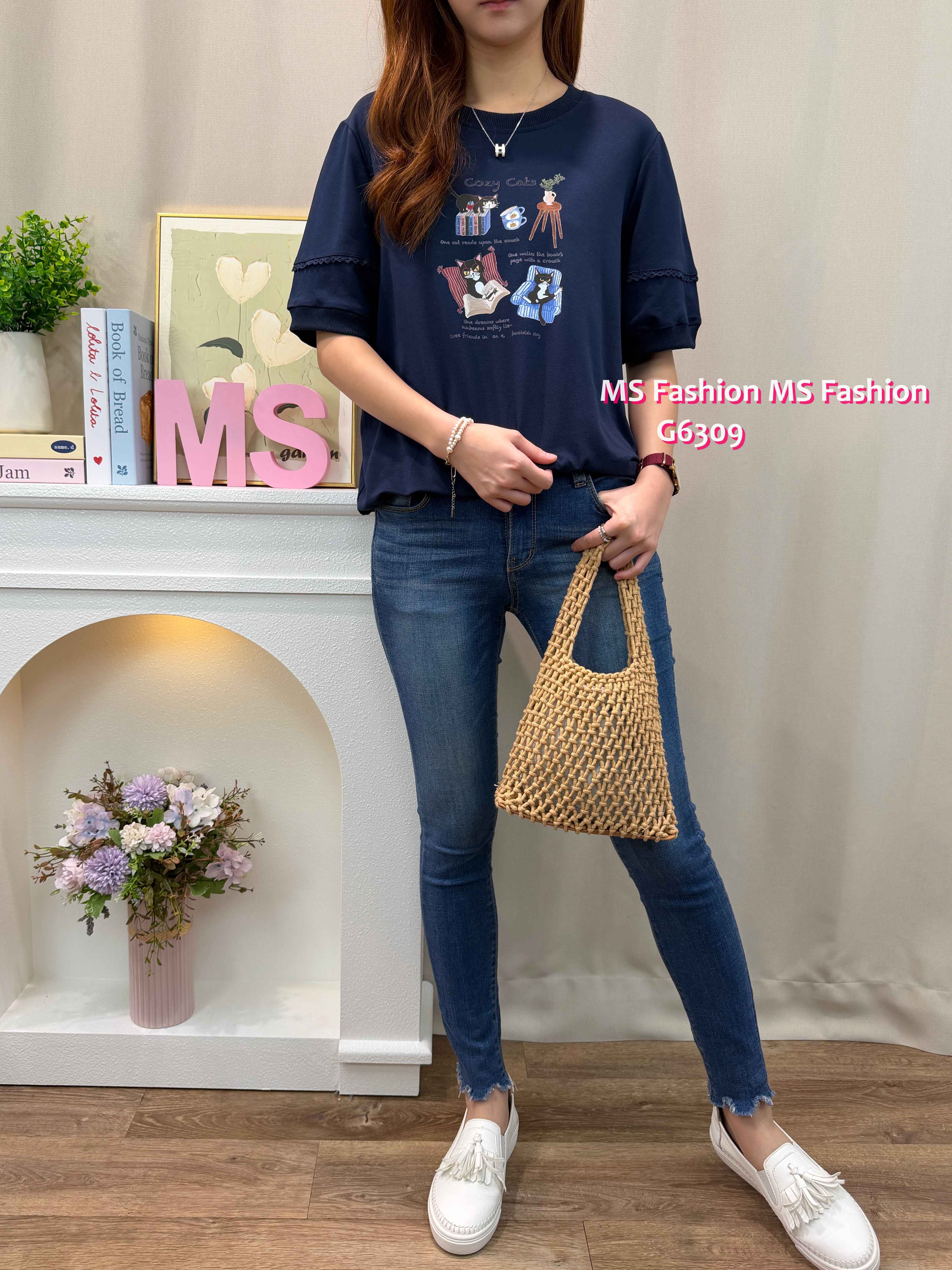 G6309 可愛黑貓花邊袖top